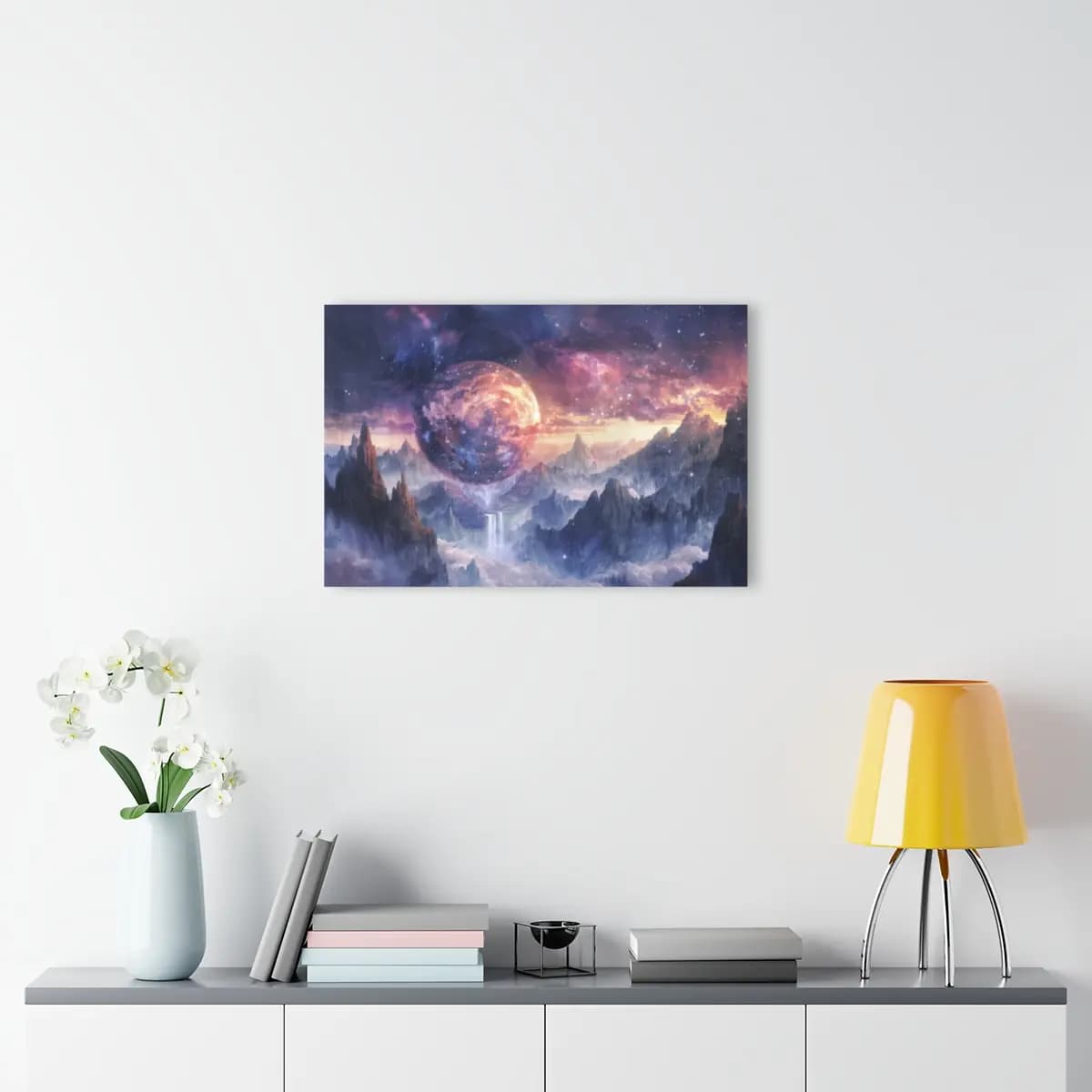 Celestial Planet Over Mystic Mountain Peaks - Acrylic Prints (French Cleat Hanging) mockup angle 4