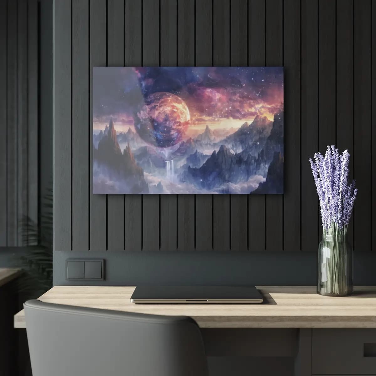 Celestial Planet Over Mystic Mountain Peaks - Acrylic Prints (French Cleat Hanging) mockup angle 5