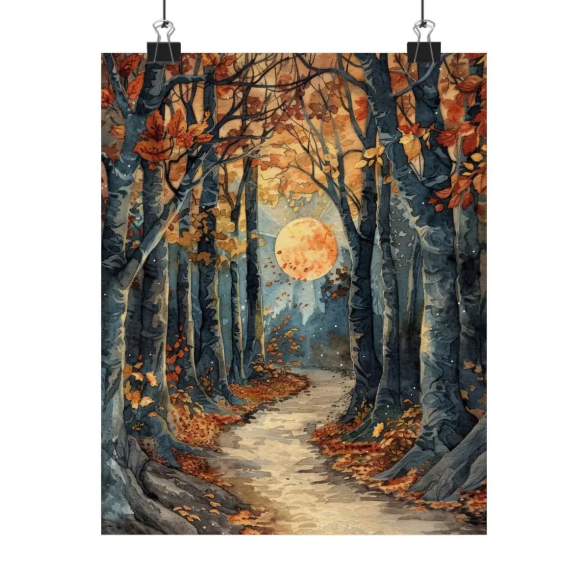 Autumn Forest Path Beneath a Harvest Moon - Matte Vertical Posters mockup angle 1