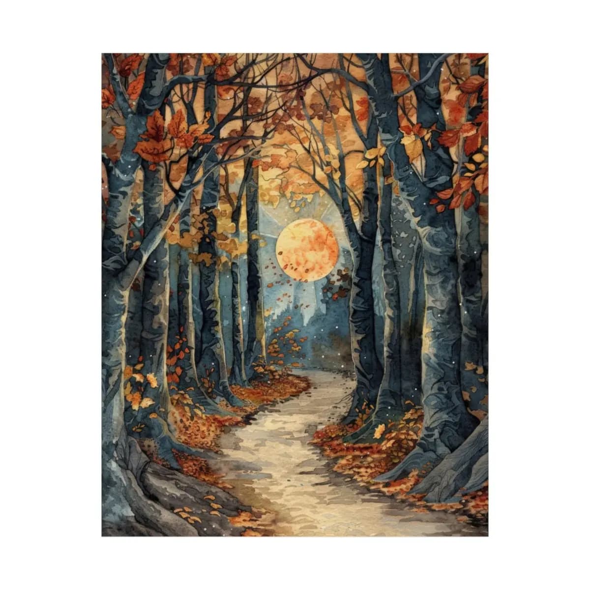 Autumn Forest Path Beneath a Harvest Moon - Matte Vertical Posters mockup angle 2