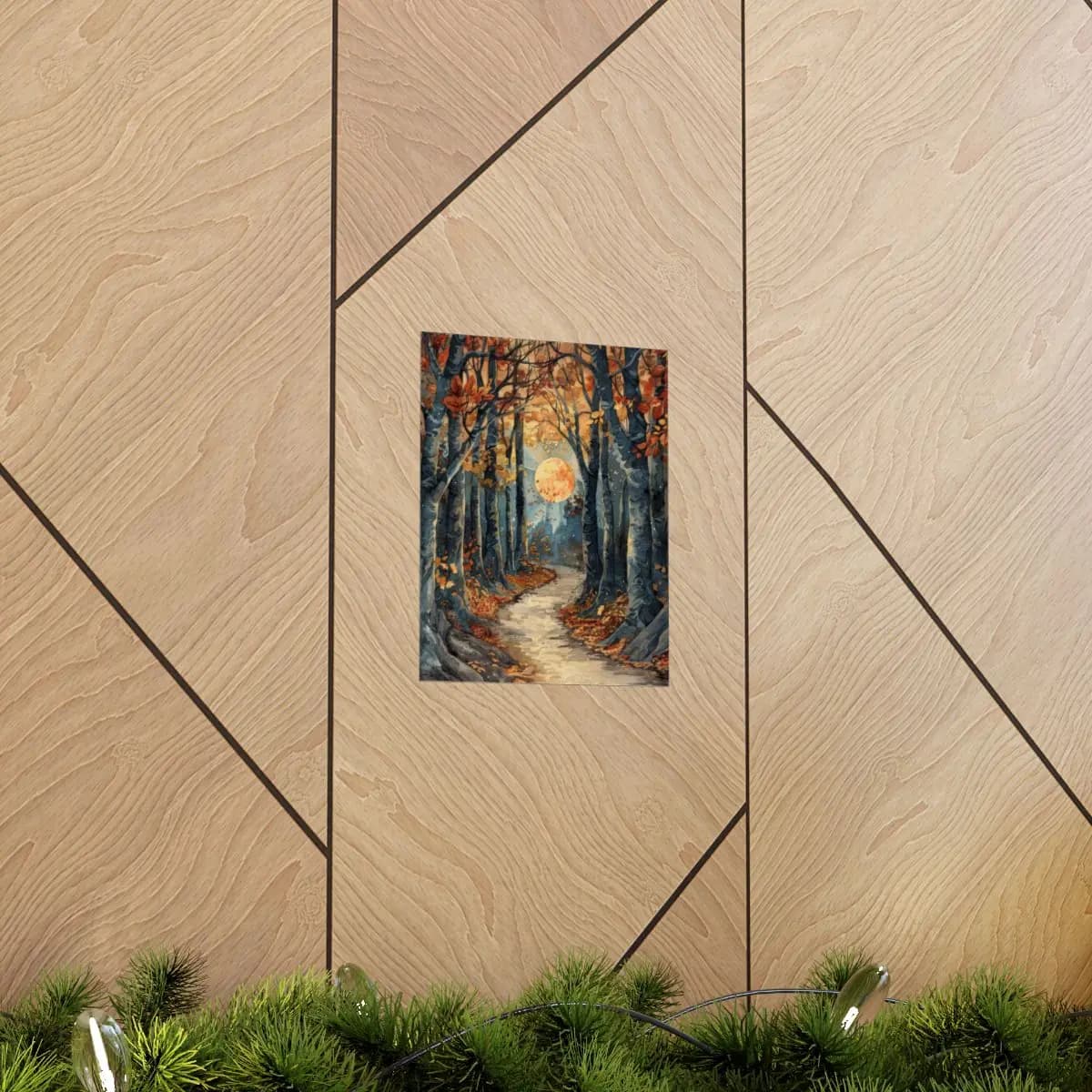 Autumn Forest Path Beneath a Harvest Moon - Matte Vertical Posters mockup angle 5