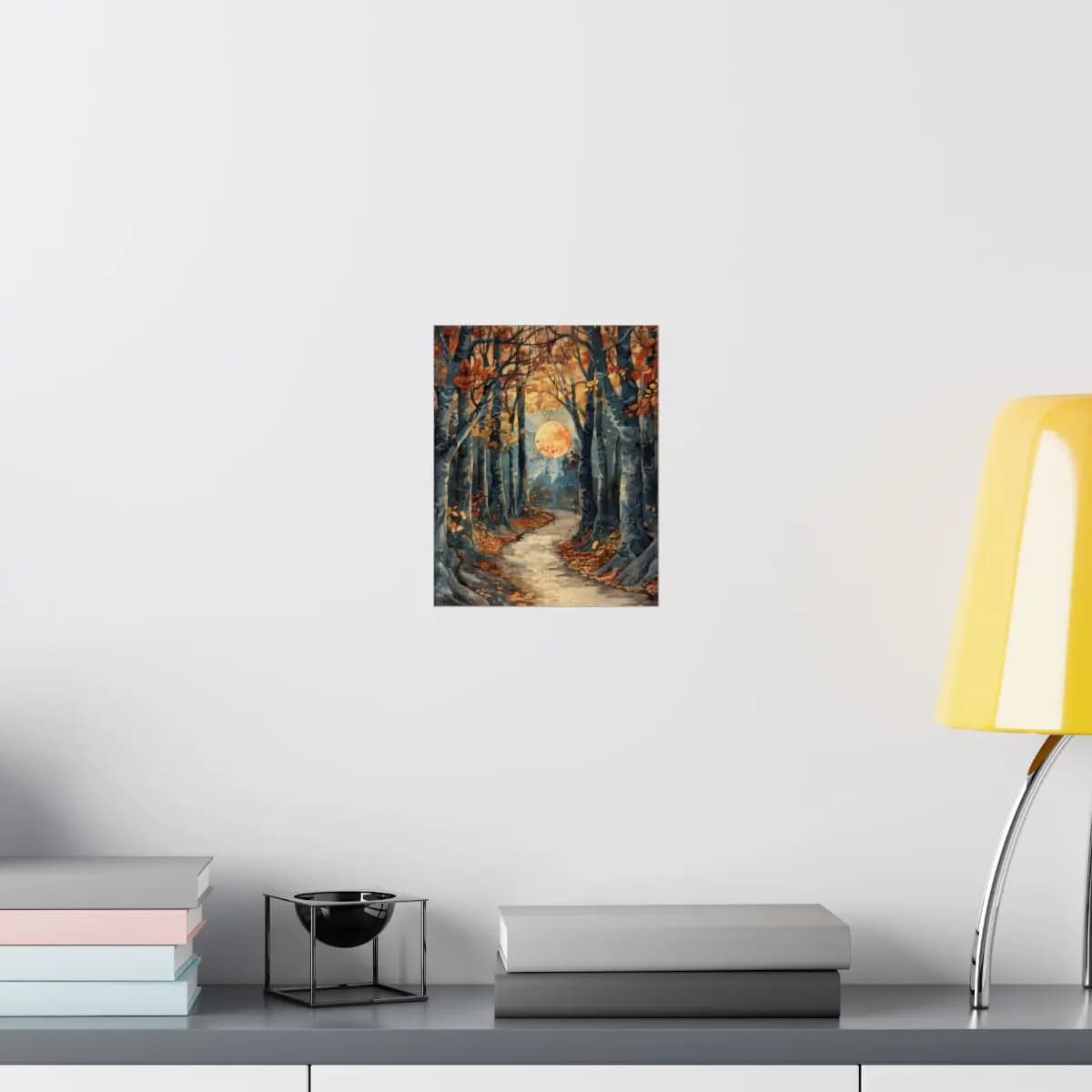 Autumn Forest Path Beneath a Harvest Moon - Matte Vertical Posters mockup angle 8