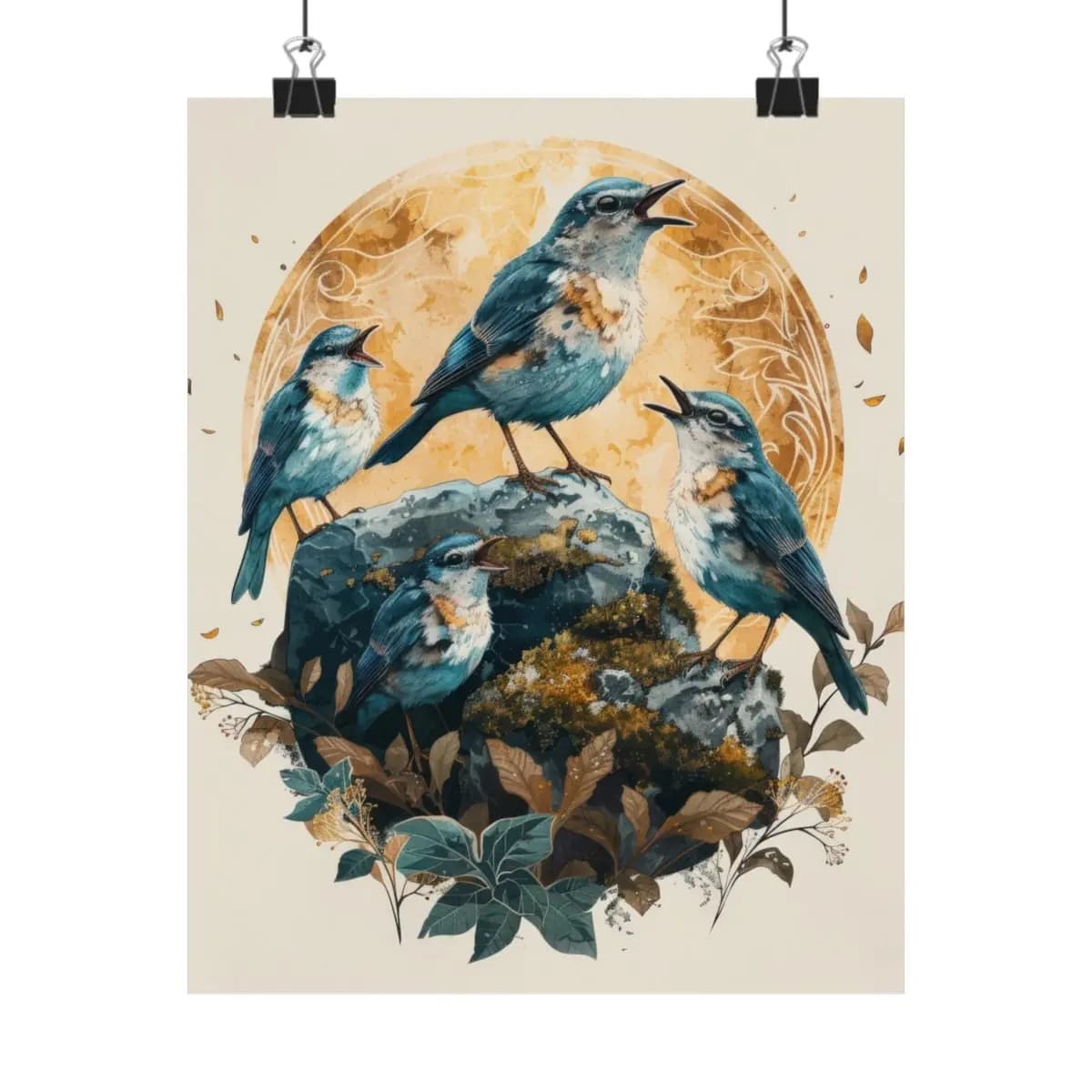 Blue Birds Chorus on a Golden Rocky Perch - Matte Vertical Posters mockup angle 1