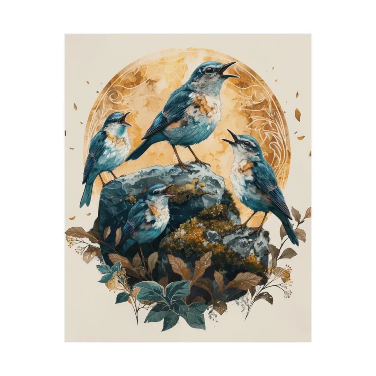 Blue Birds Chorus on a Golden Rocky Perch - Matte Vertical Posters mockup angle 2