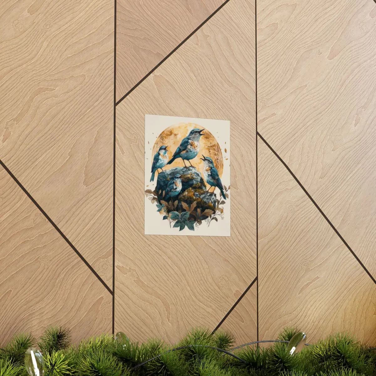 Blue Birds Chorus on a Golden Rocky Perch - Matte Vertical Posters mockup angle 5