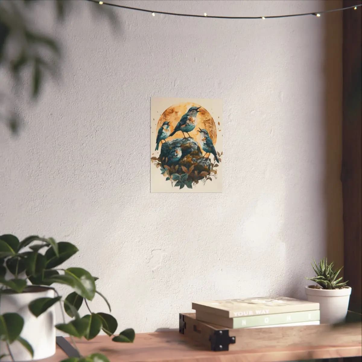 Blue Birds Chorus on a Golden Rocky Perch - Matte Vertical Posters mockup angle 6