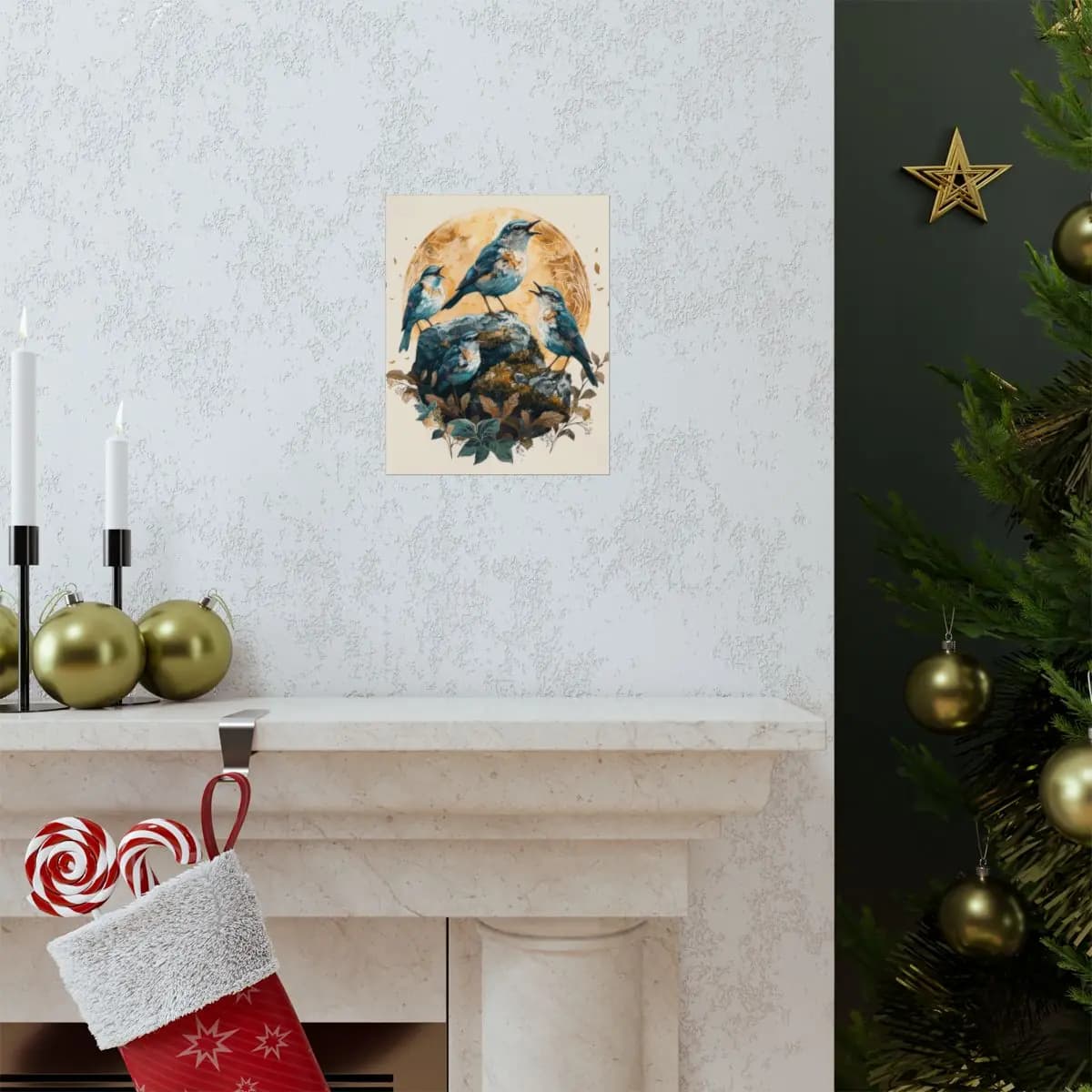 Blue Birds Chorus on a Golden Rocky Perch - Matte Vertical Posters mockup angle 7