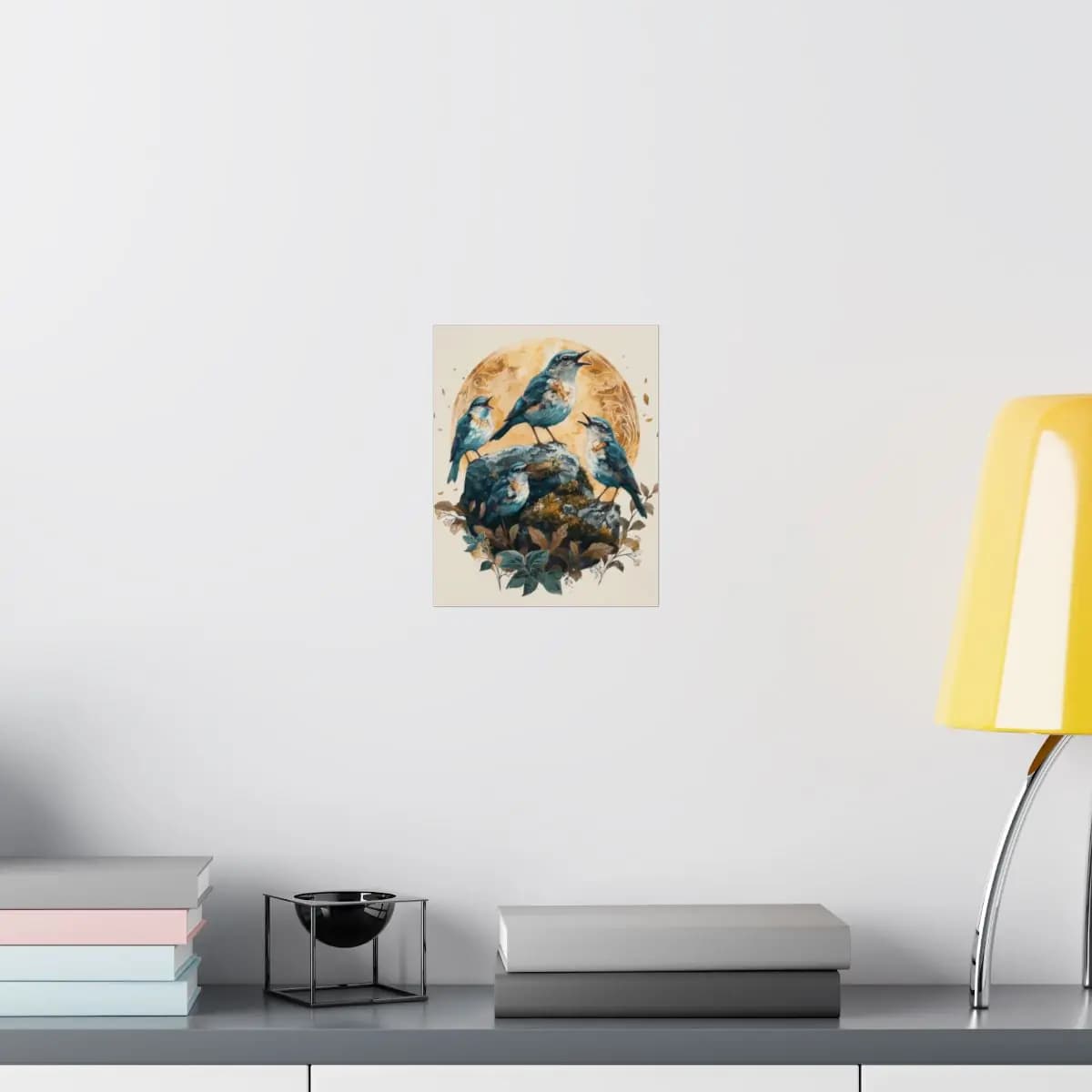 Blue Birds Chorus on a Golden Rocky Perch - Matte Vertical Posters mockup angle 8