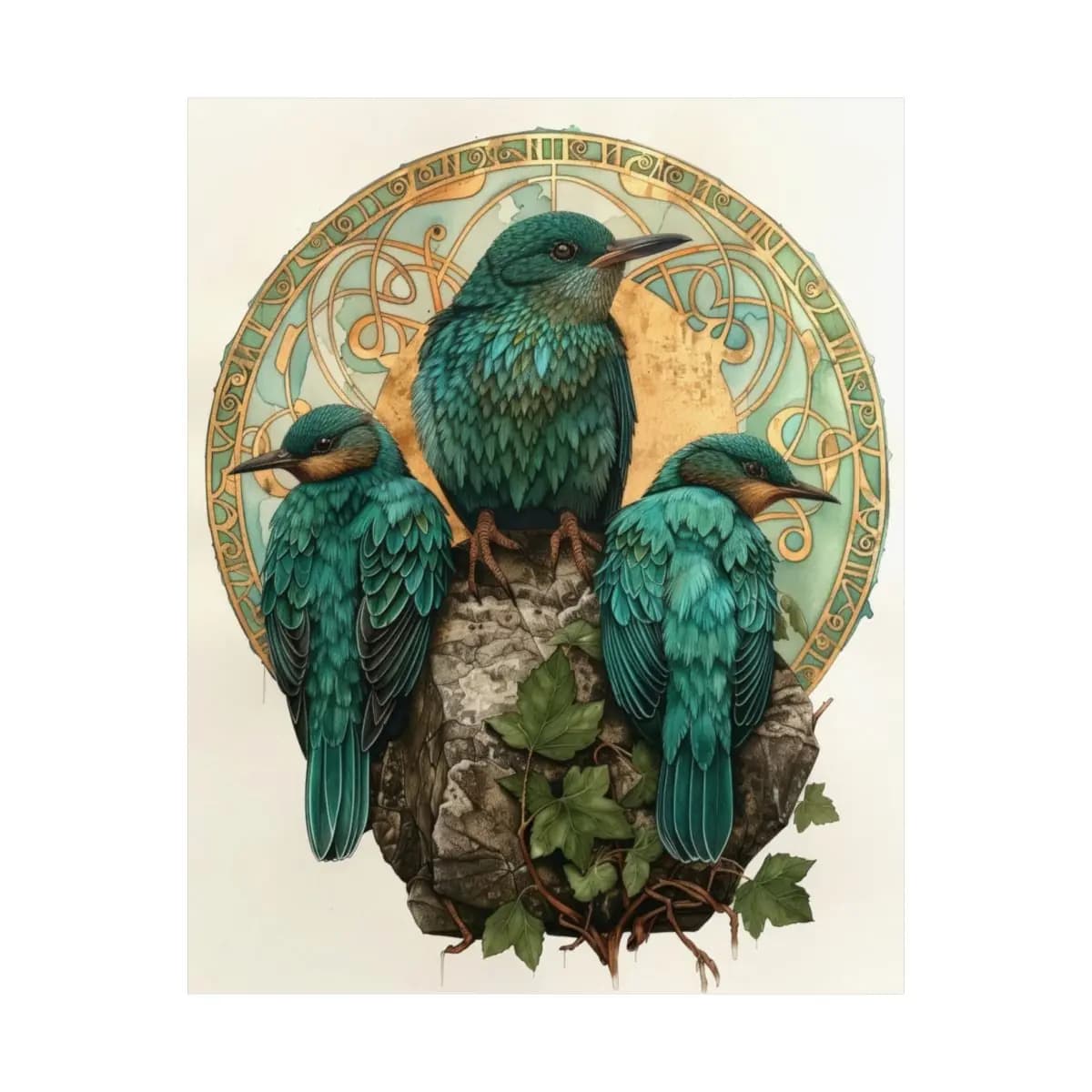 Three Teal Kingfishers on Stone and Golden Mandala - Matte Vertical Posters mockup angle 2