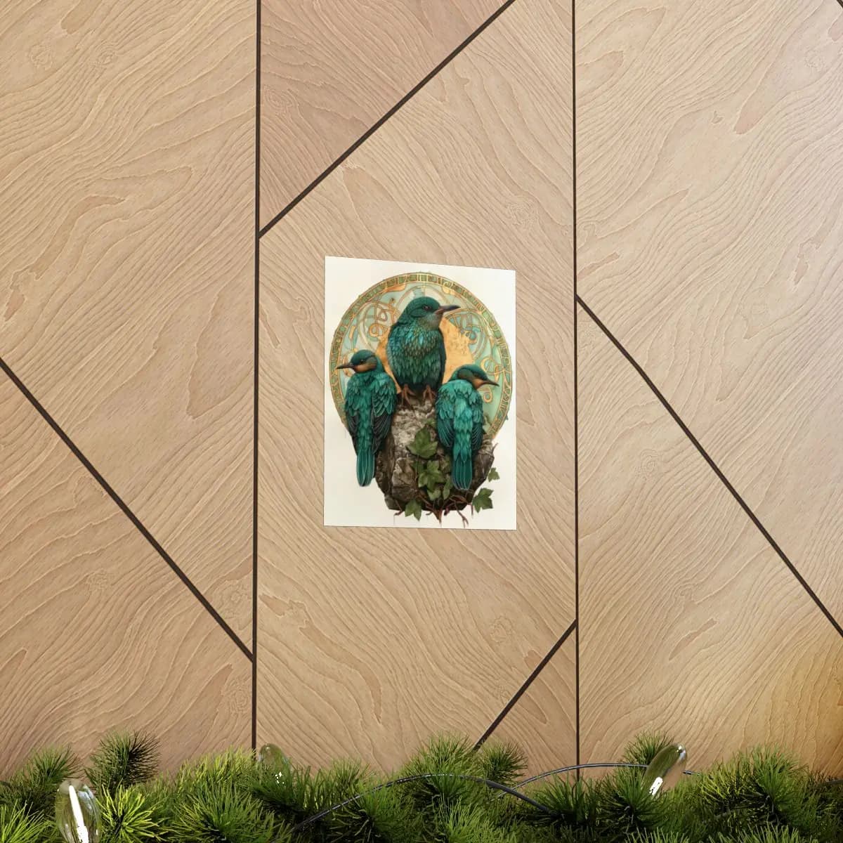 Three Teal Kingfishers on Stone and Golden Mandala - Matte Vertical Posters mockup angle 5