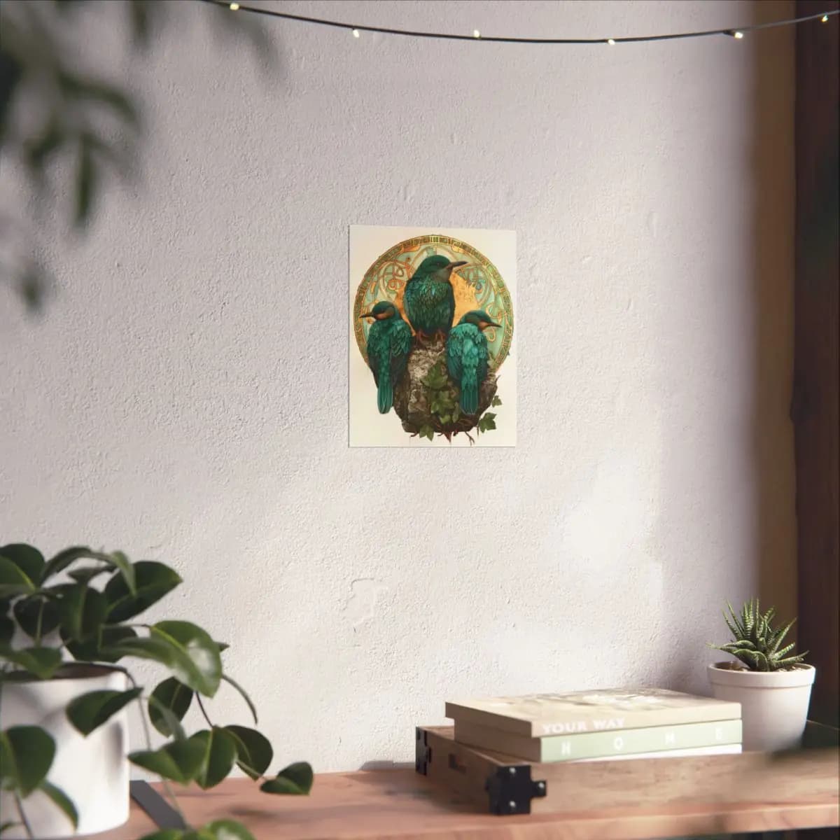 Three Teal Kingfishers on Stone and Golden Mandala - Matte Vertical Posters mockup angle 6