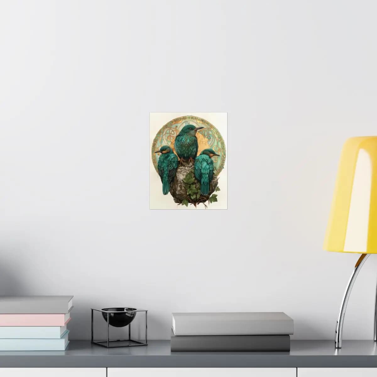 Three Teal Kingfishers on Stone and Golden Mandala - Matte Vertical Posters mockup angle 8