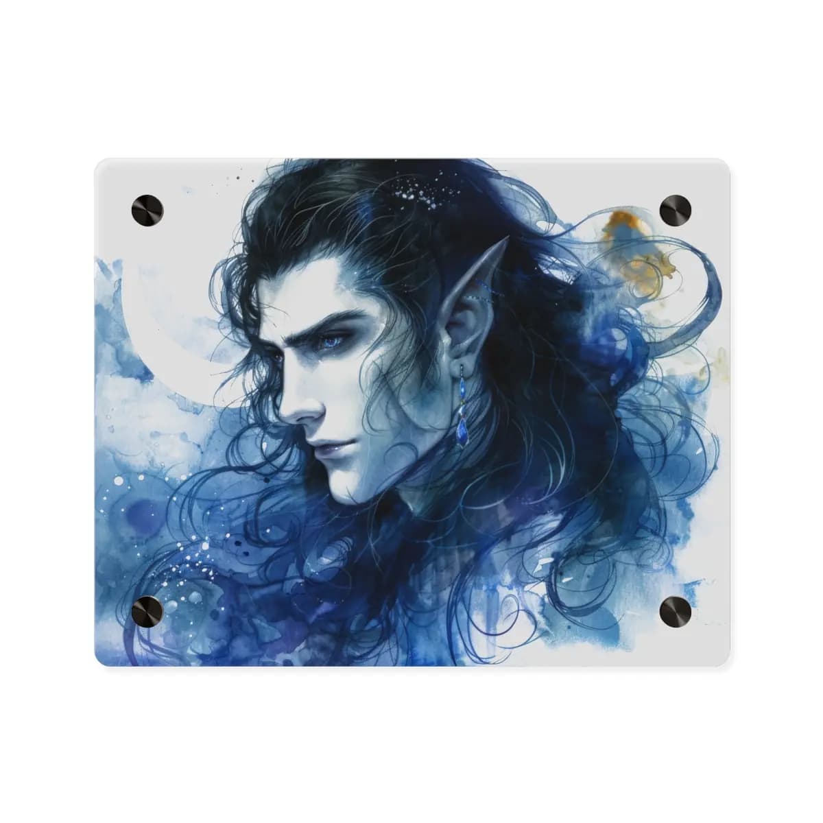Sapphire-Eyed Moon Elf Portrait - Acrylic Wall Art Panels mockup angle 1