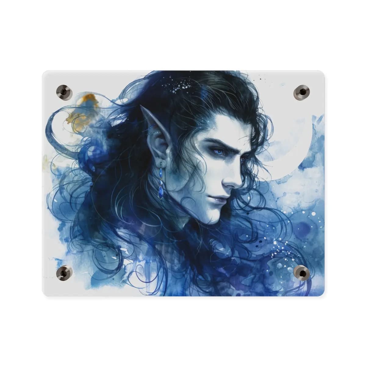 Sapphire-Eyed Moon Elf Portrait - Acrylic Wall Art Panels mockup angle 2