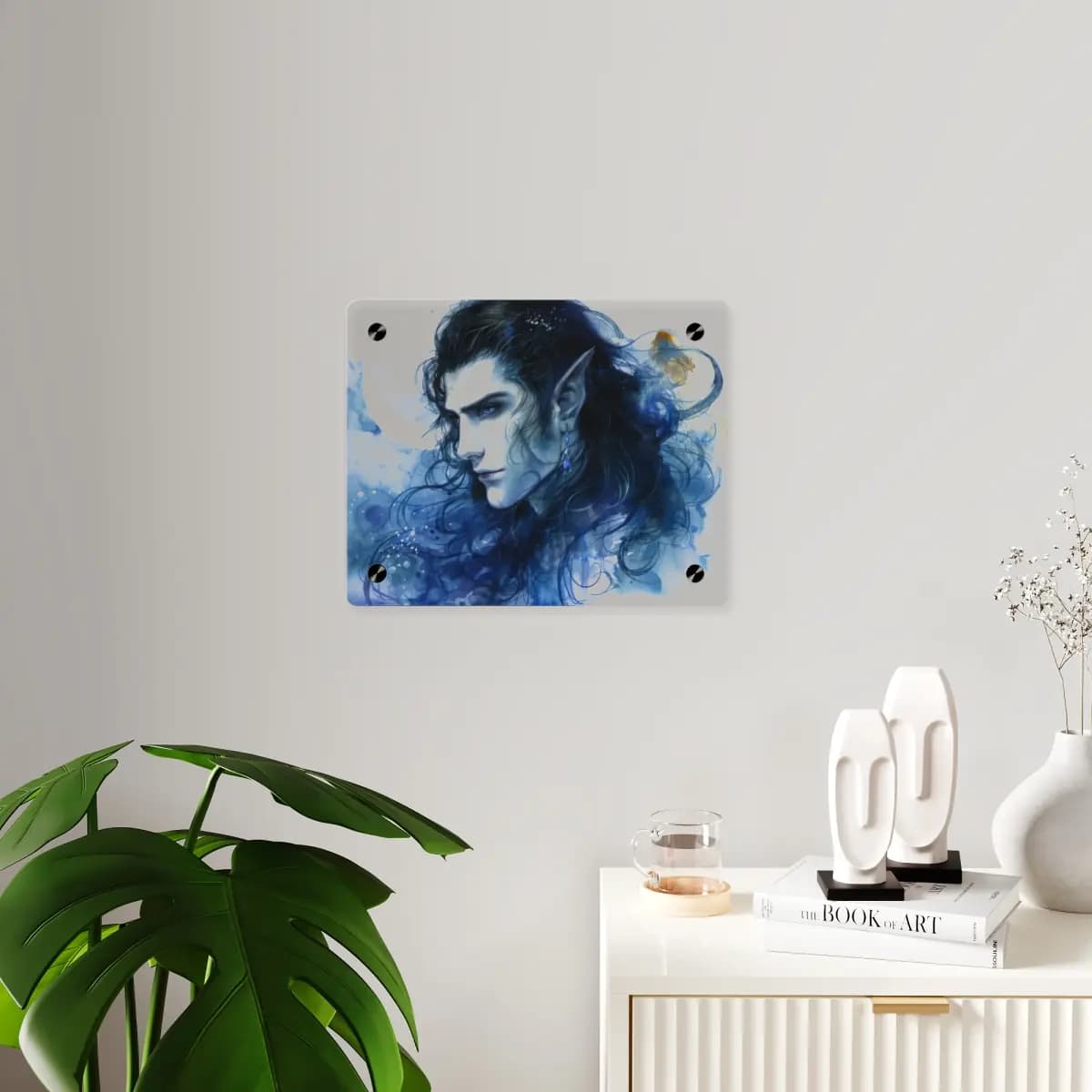 Sapphire-Eyed Moon Elf Portrait - Acrylic Wall Art Panels mockup angle 3
