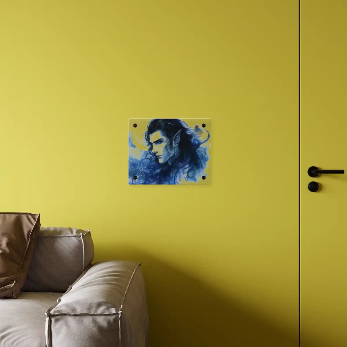 Sapphire-Eyed Moon Elf Portrait - Acrylic Wall Art Panels mockup angle 4