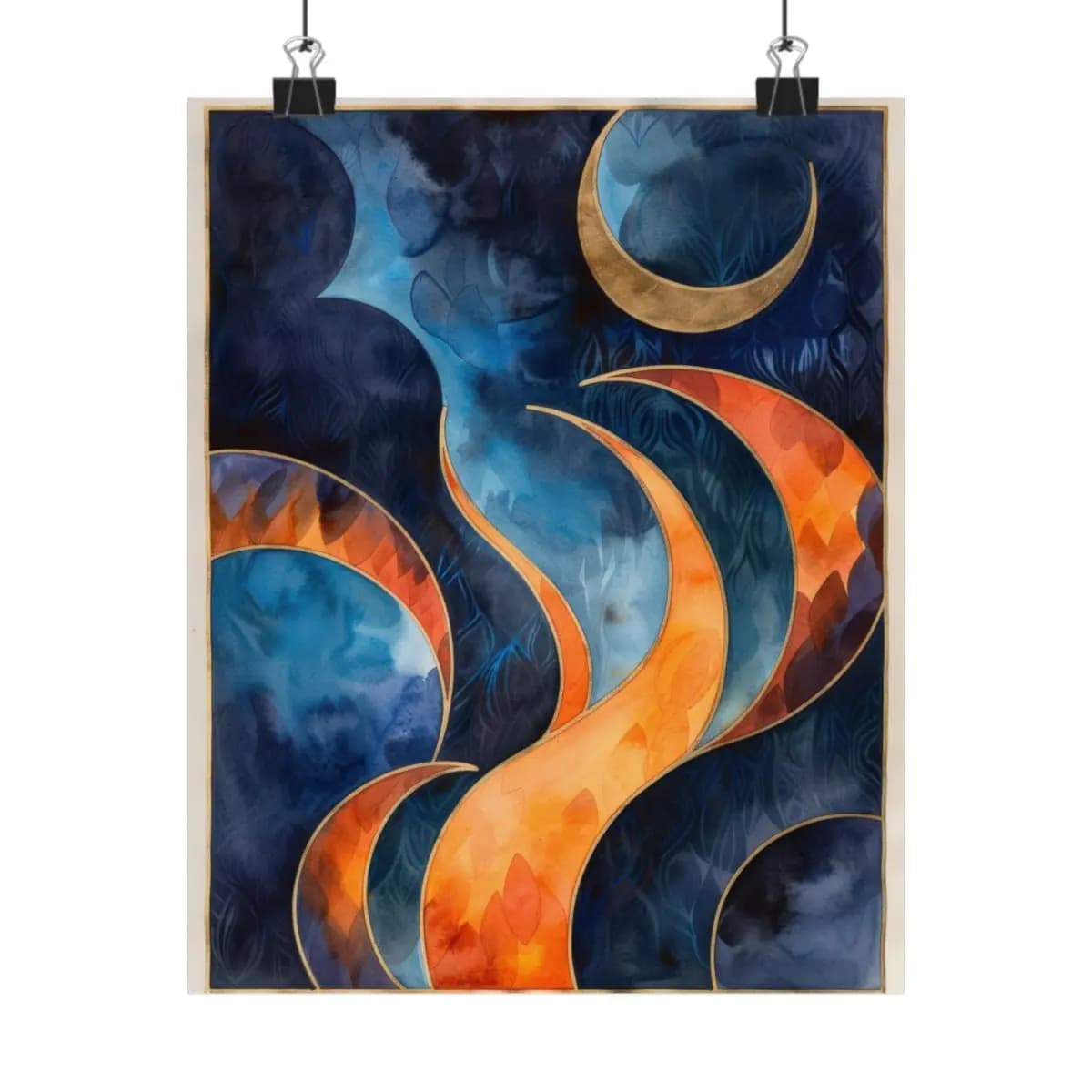 Golden Crescent and Rising Flames in the Night - Matte Vertical Posters mockup angle 1