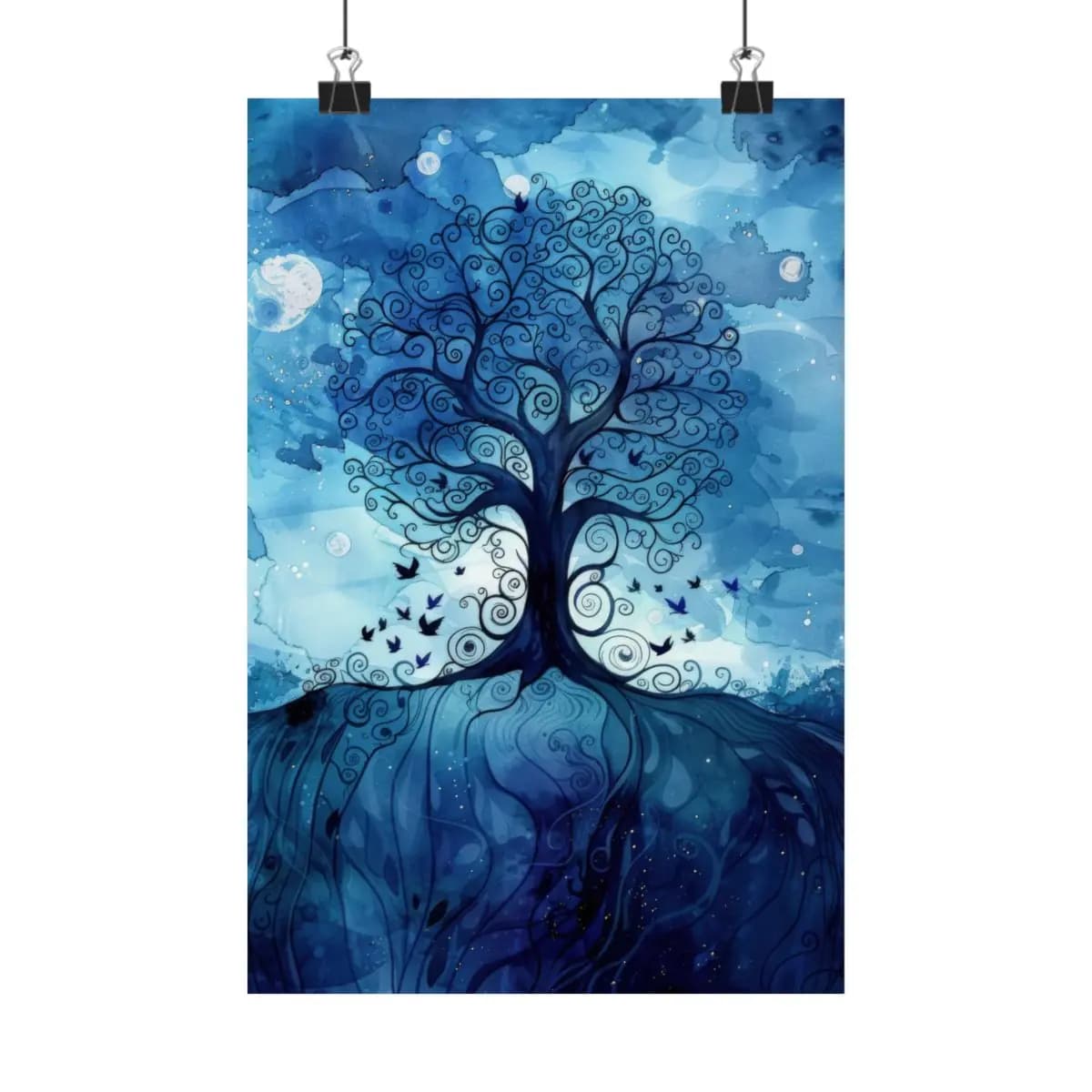 Spiral Tree Rising in Deep Blue Ink - Matte Vertical Posters mockup angle 1