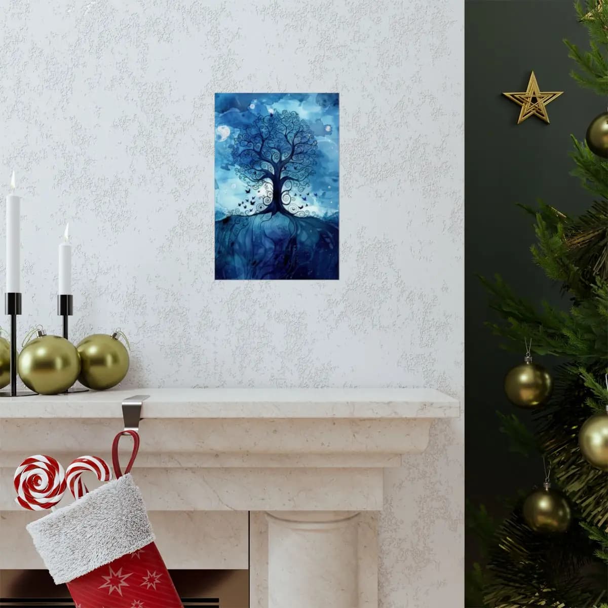 Spiral Tree Rising in Deep Blue Ink - Matte Vertical Posters mockup angle 7