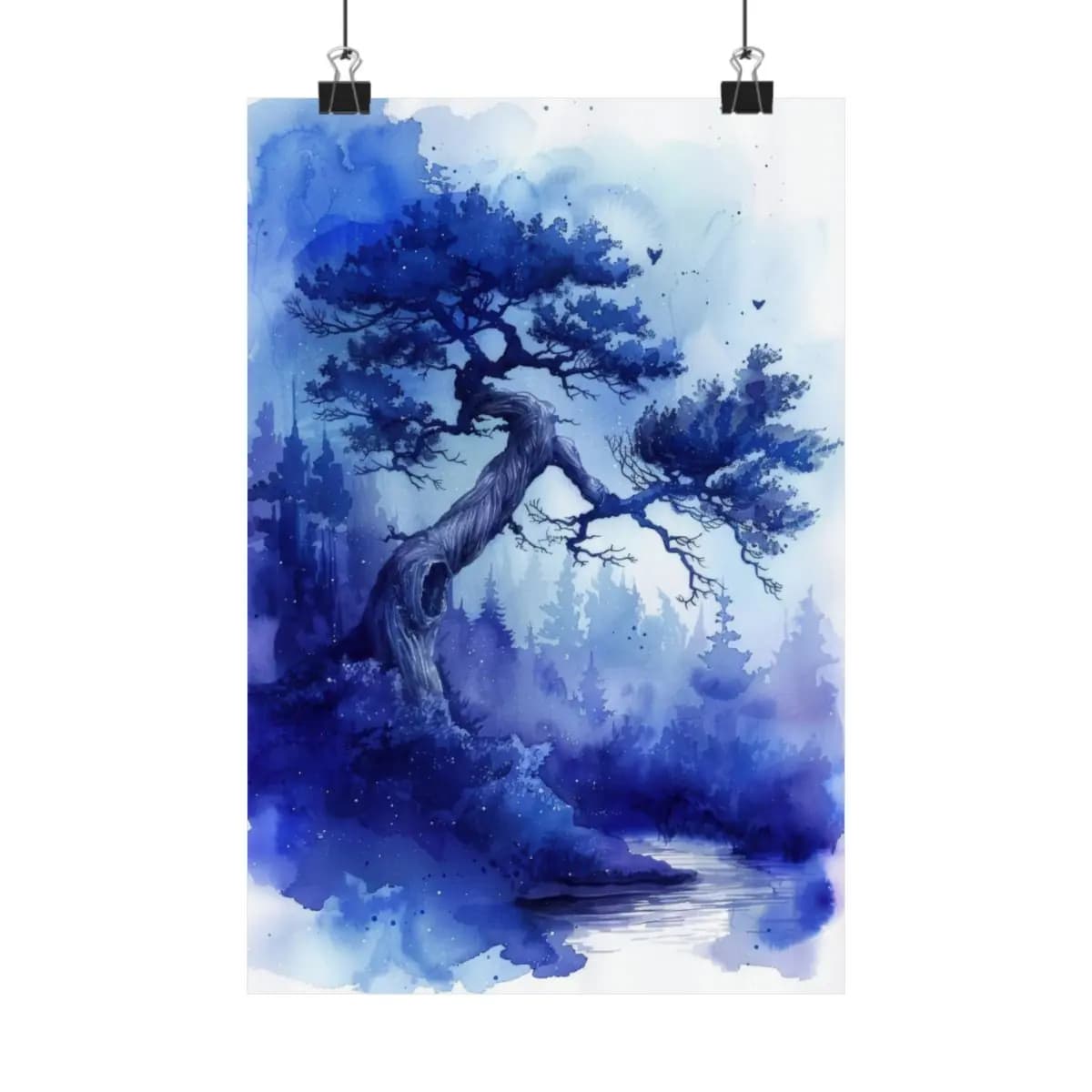 Twisted Ancient Tree Over a Blue Misty River - Matte Vertical Posters mockup angle 1
