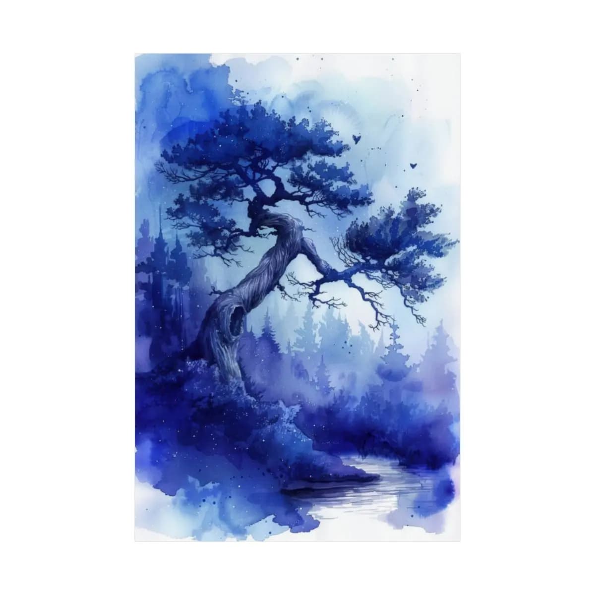 Twisted Ancient Tree Over a Blue Misty River - Matte Vertical Posters mockup angle 2
