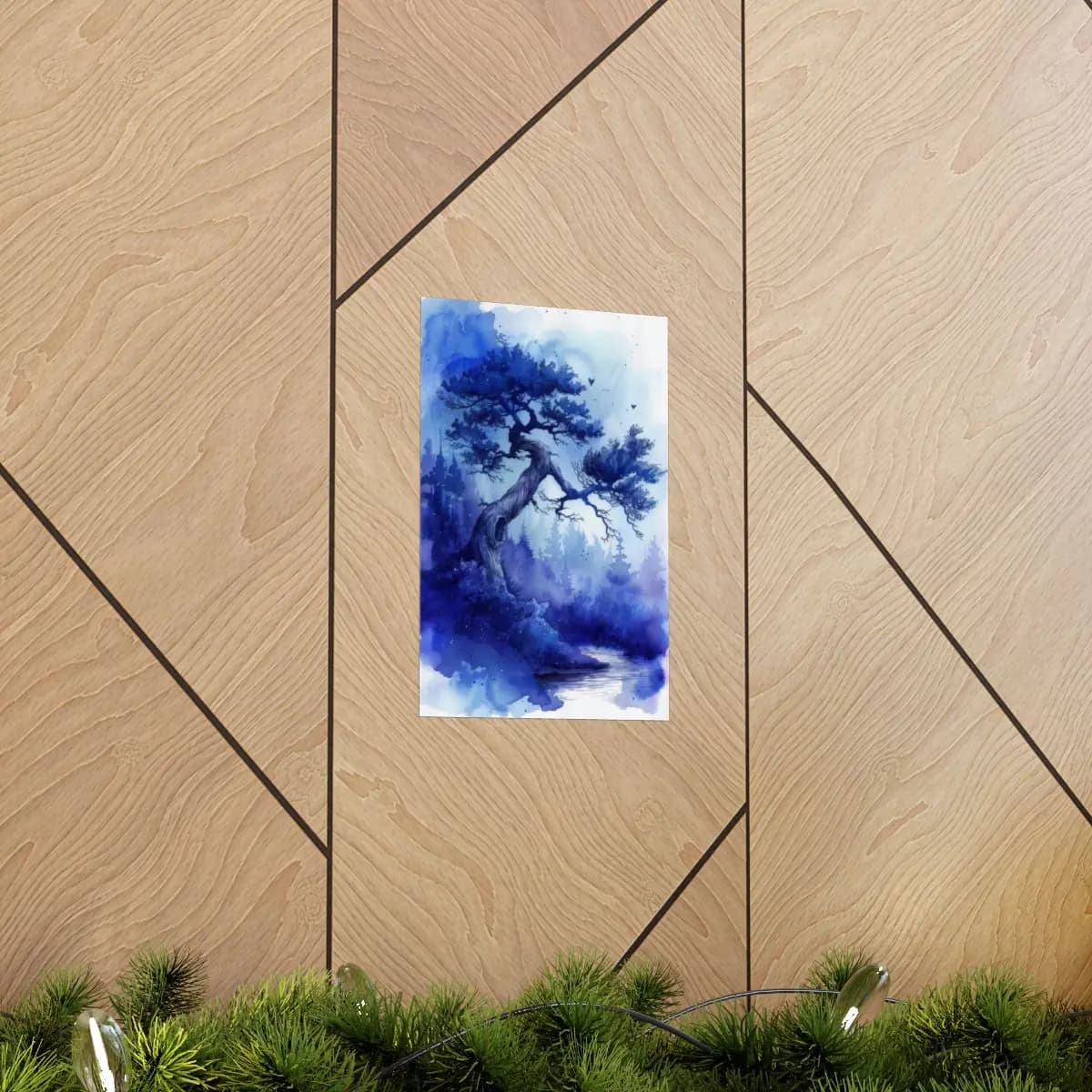 Twisted Ancient Tree Over a Blue Misty River - Matte Vertical Posters mockup angle 5