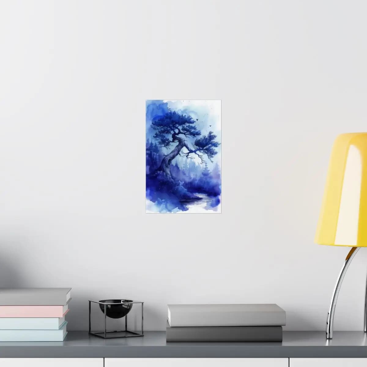 Twisted Ancient Tree Over a Blue Misty River - Matte Vertical Posters mockup angle 8