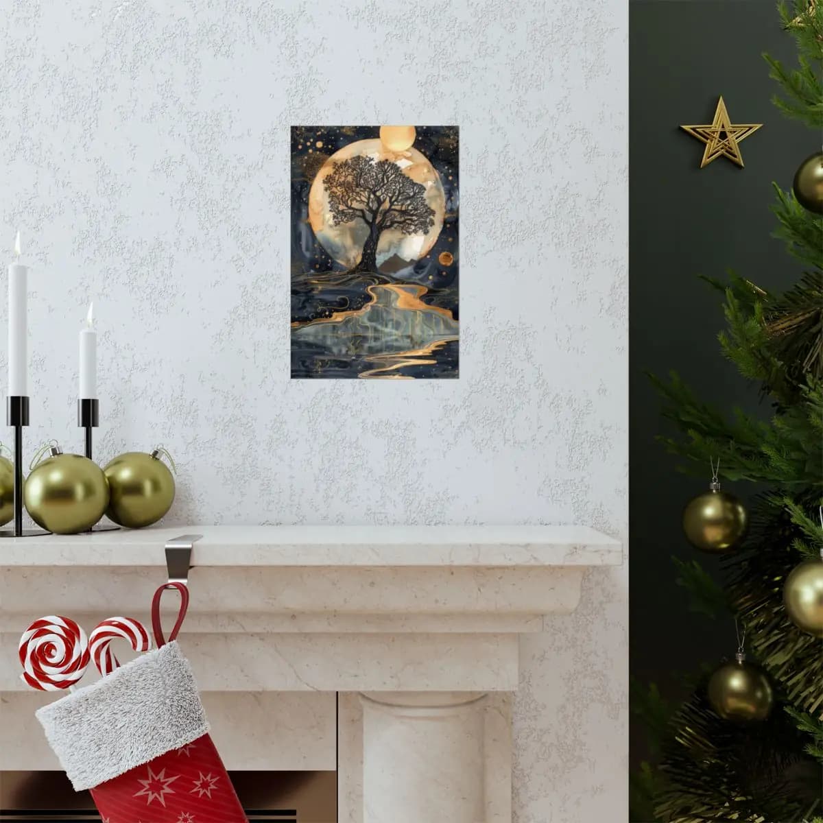 The Celestial Tree Beneath a Golden Moon - Matte Vertical Posters mockup angle 7
