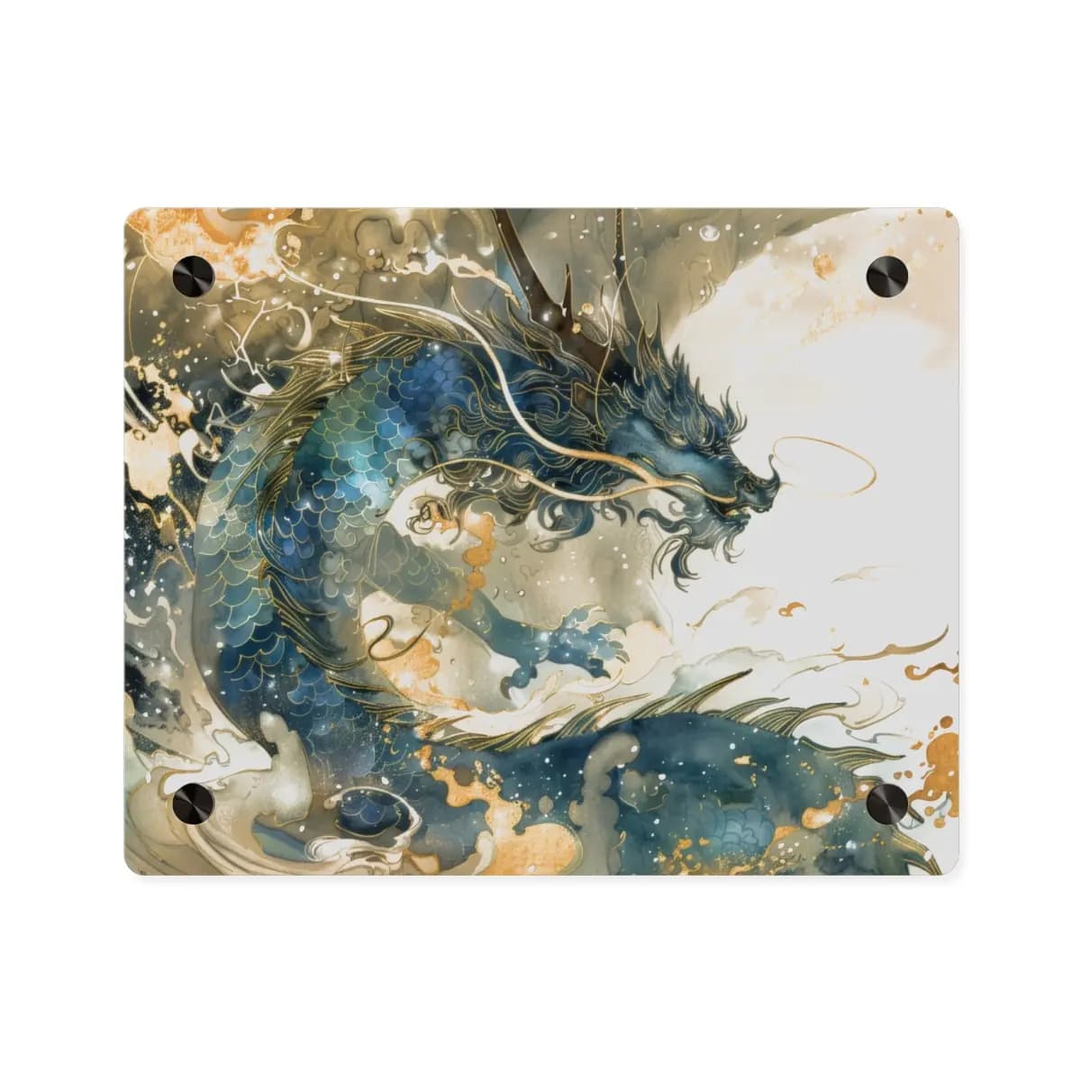 Celestial Blue Dragon with Golden Scales - Acrylic Wall Art Panels mockup angle 1