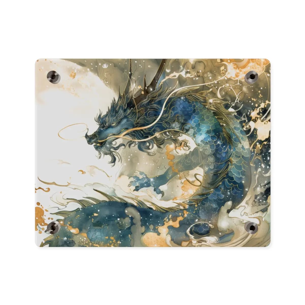 Celestial Blue Dragon with Golden Scales - Acrylic Wall Art Panels mockup angle 2