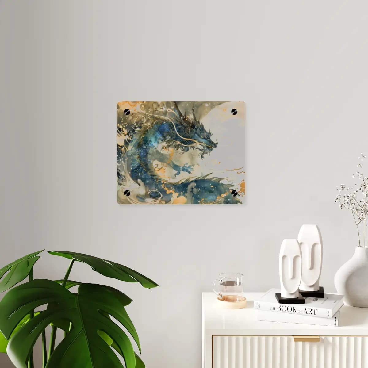 Celestial Blue Dragon with Golden Scales - Acrylic Wall Art Panels mockup angle 3