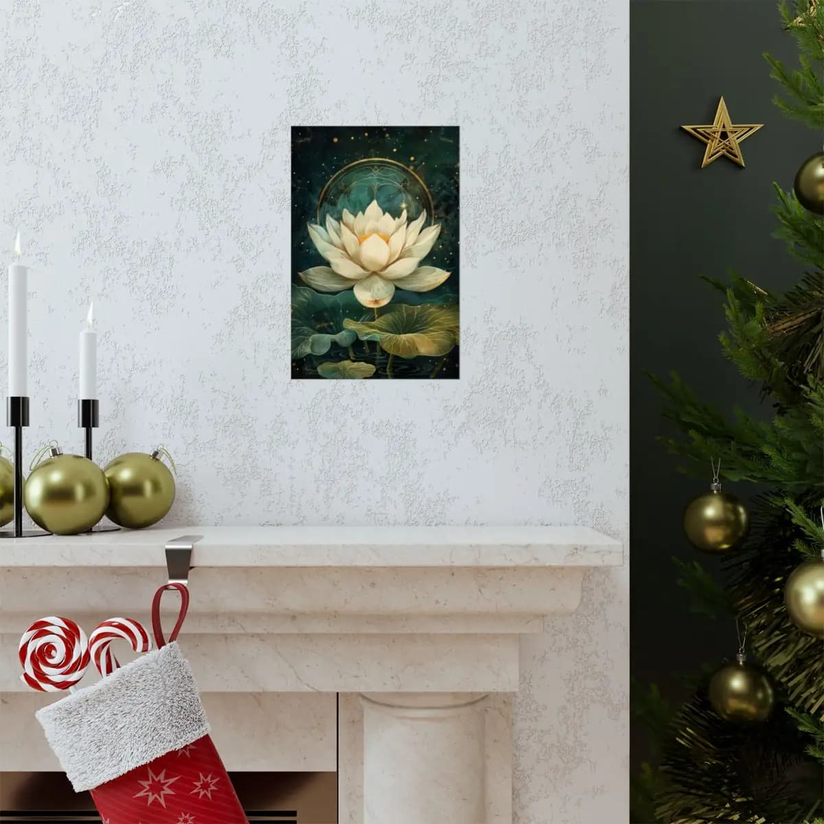Sacred White Lotus with Golden Radiance - Matte Vertical Posters mockup angle 7