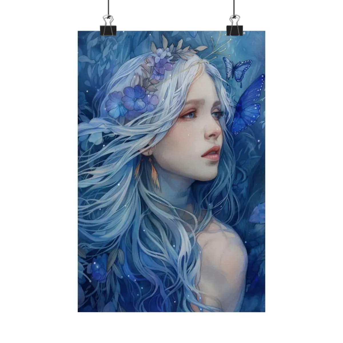 Silver-Haired Fairy Adrift in Blooming Azure - Matte Vertical Posters mockup angle 1