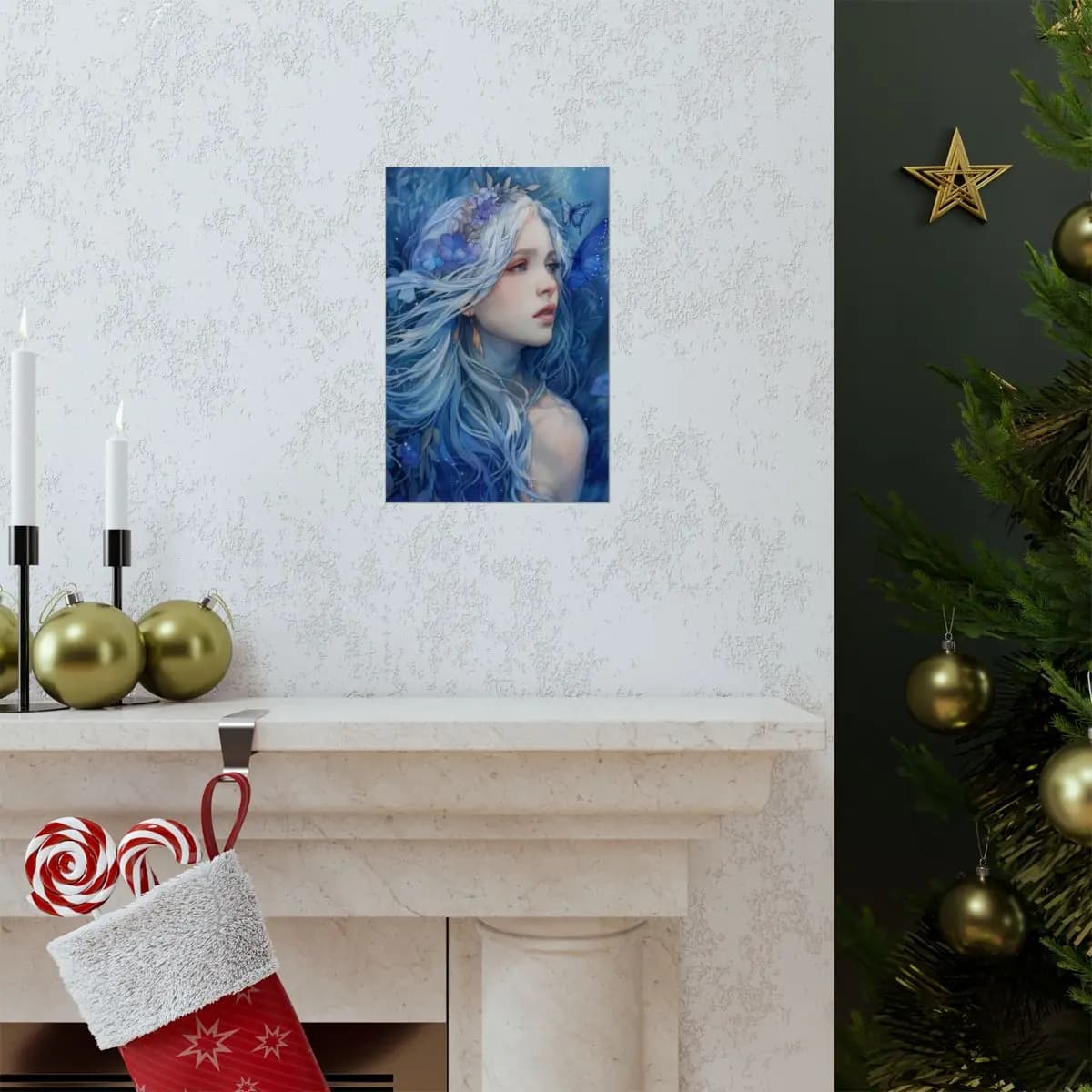 Silver-Haired Fairy Adrift in Blooming Azure - Matte Vertical Posters mockup angle 7