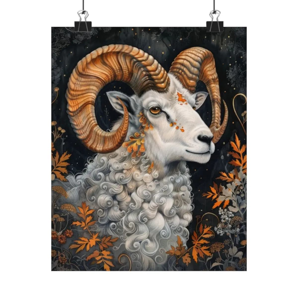 White Ram with Amber Spiral Horns - Matte Vertical Posters mockup angle 1