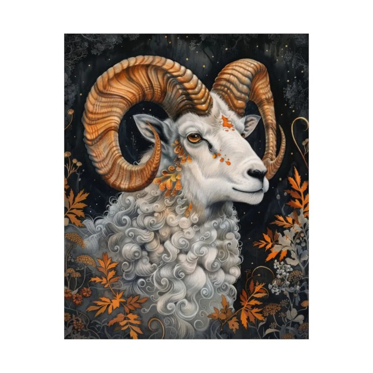 White Ram with Amber Spiral Horns - Matte Vertical Posters mockup angle 2