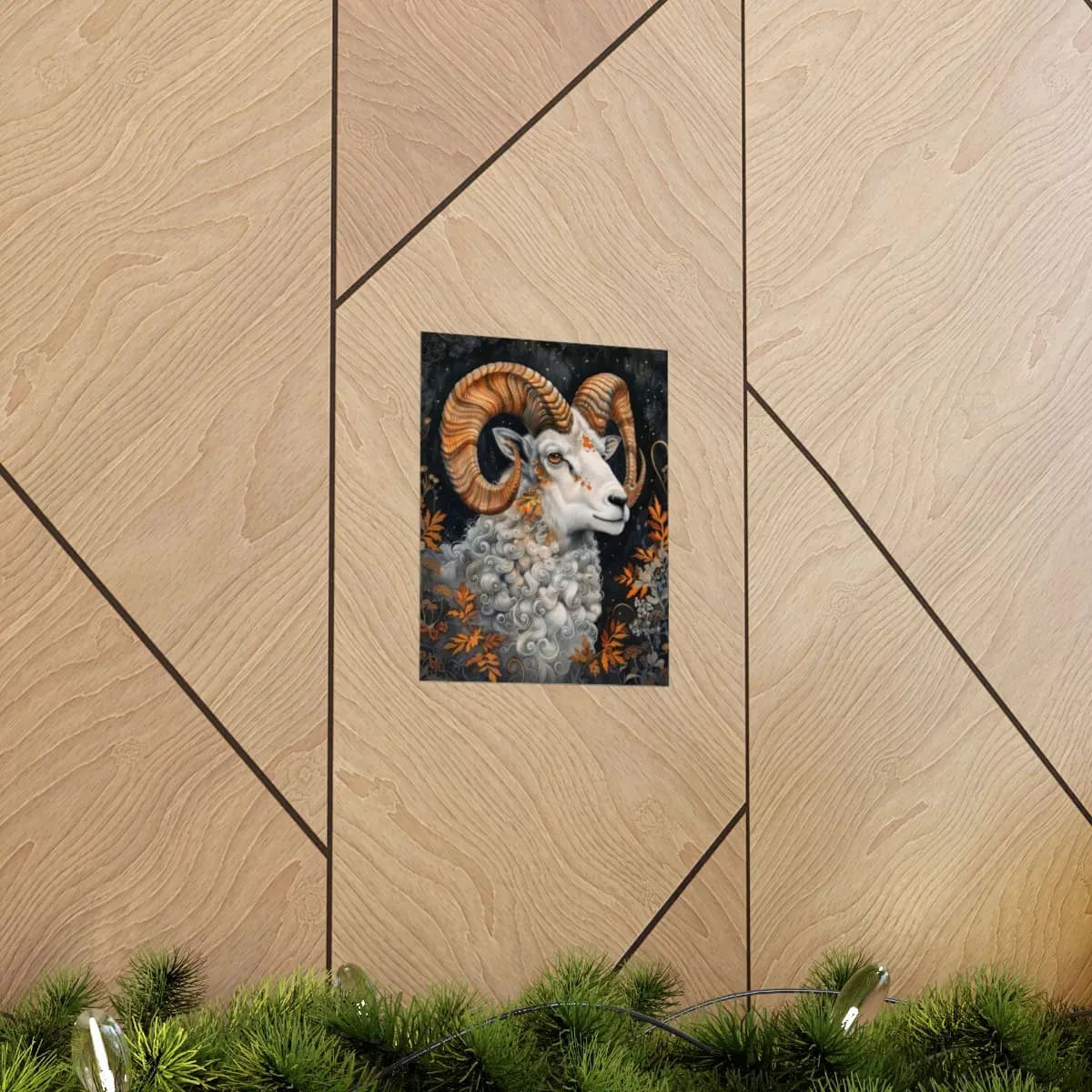 White Ram with Amber Spiral Horns - Matte Vertical Posters mockup angle 5