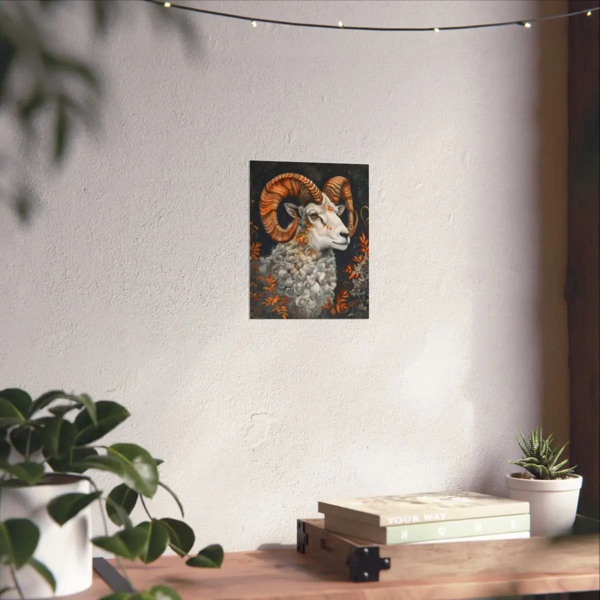 White Ram with Amber Spiral Horns - Matte Vertical Posters mockup angle 6