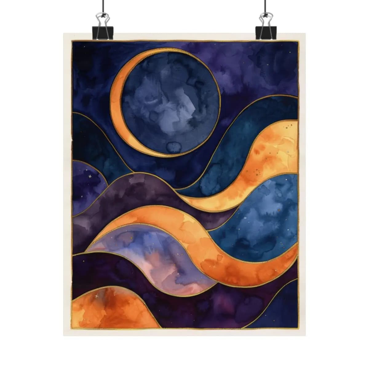 Moon and Celestial Waves with Golden Contours - Matte Vertical Posters mockup angle 1