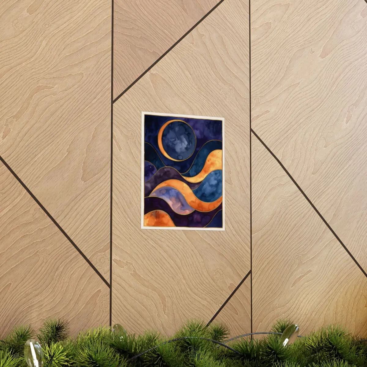 Moon and Celestial Waves with Golden Contours - Matte Vertical Posters mockup angle 5