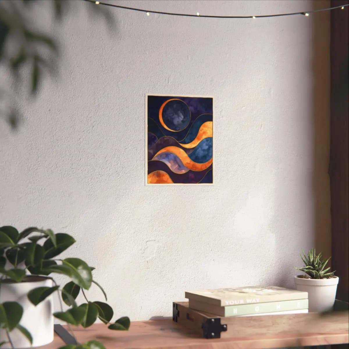 Moon and Celestial Waves with Golden Contours - Matte Vertical Posters mockup angle 6