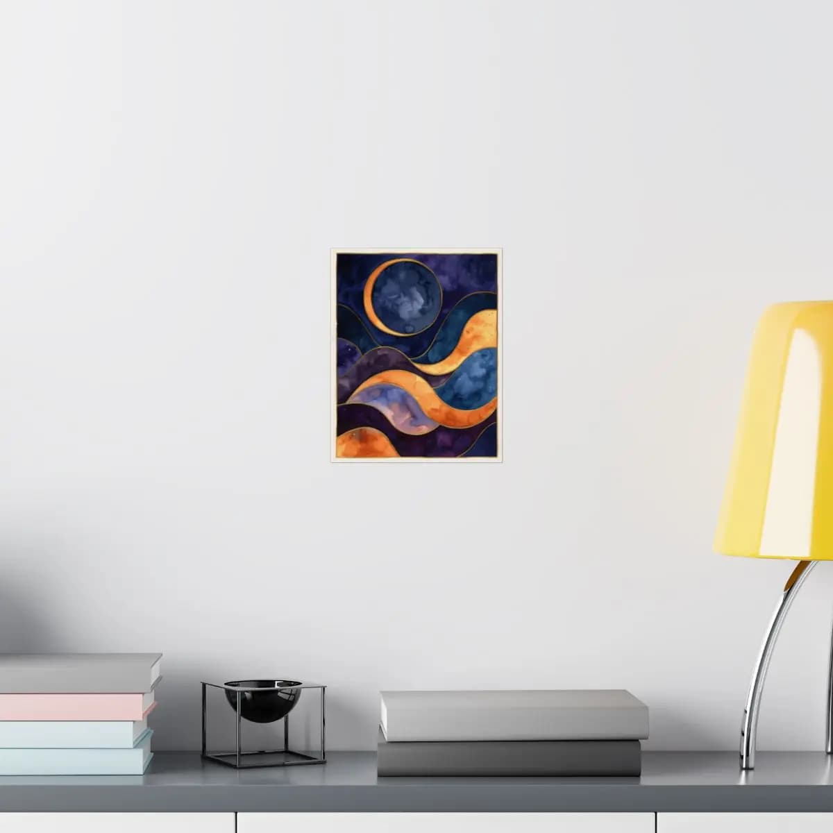 Moon and Celestial Waves with Golden Contours - Matte Vertical Posters mockup angle 8