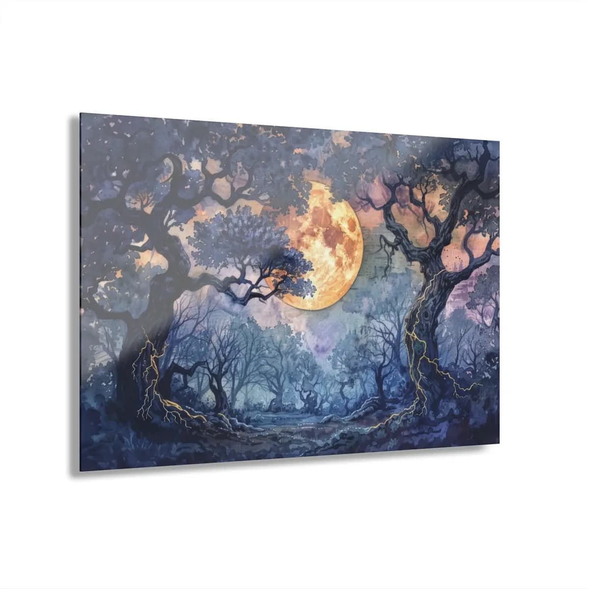 Enchanted Forest Beneath the Golden Full Moon - Acrylic Prints (French Cleat Hanging) mockup angle 1