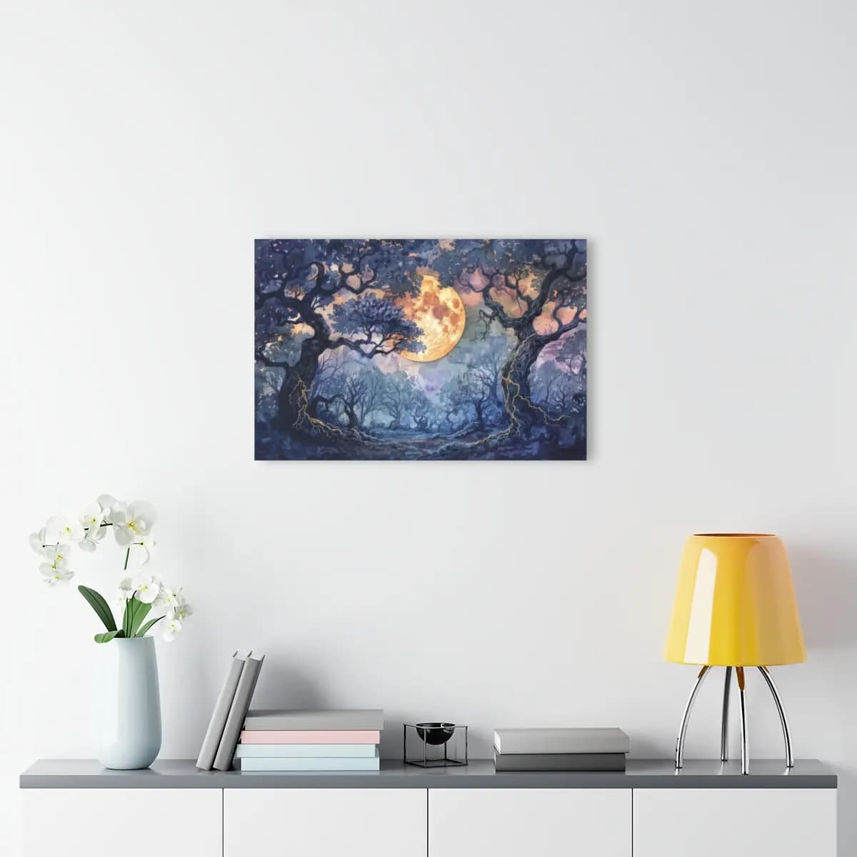 Enchanted Forest Beneath the Golden Full Moon - Acrylic Prints (French Cleat Hanging) mockup angle 4