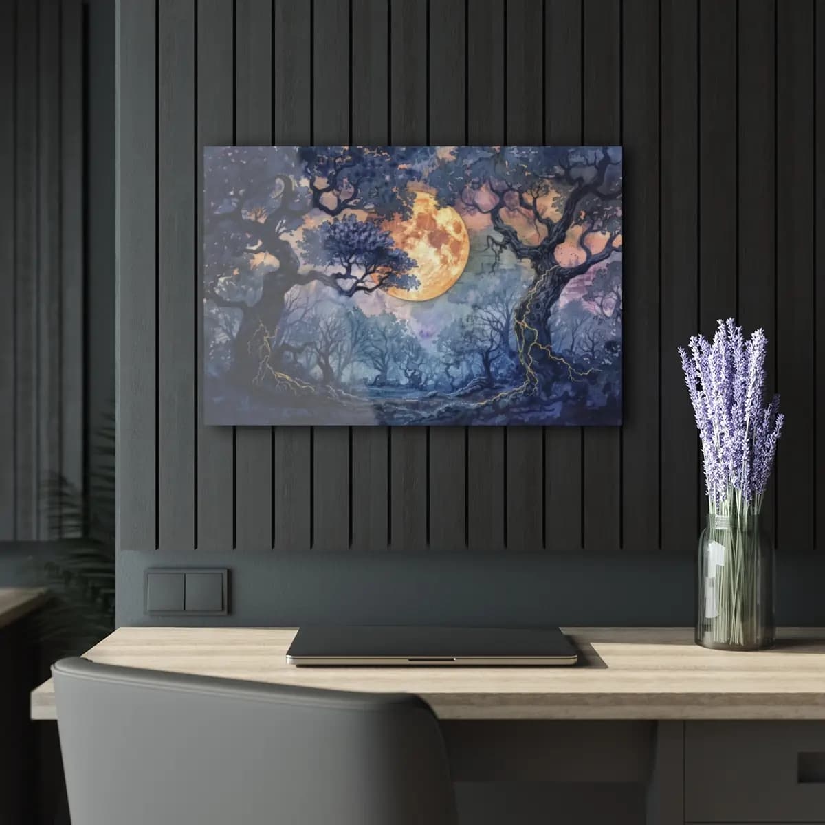 Enchanted Forest Beneath the Golden Full Moon - Acrylic Prints (French Cleat Hanging) mockup angle 5