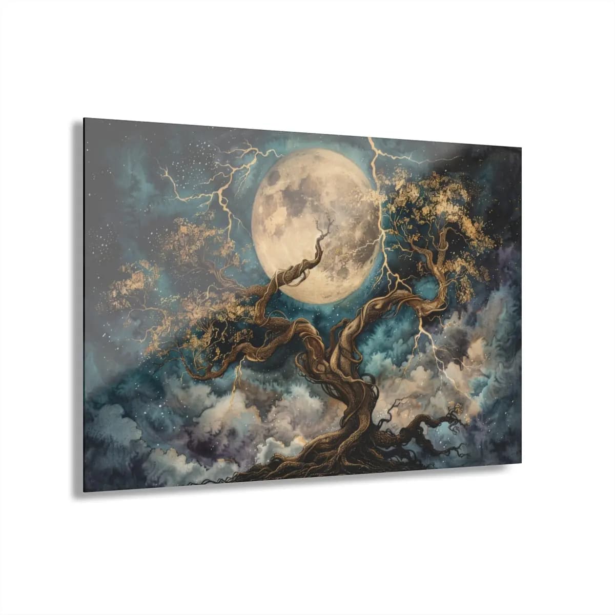 Ancient Twisted Tree Beneath the Golden Full Moon - Acrylic Prints (French Cleat Hanging) mockup angle 1