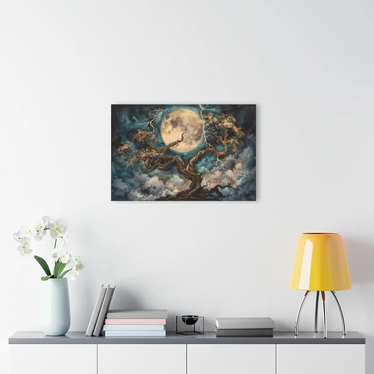 Ancient Twisted Tree Beneath the Golden Full Moon - Acrylic Prints (French Cleat Hanging) mockup angle 4