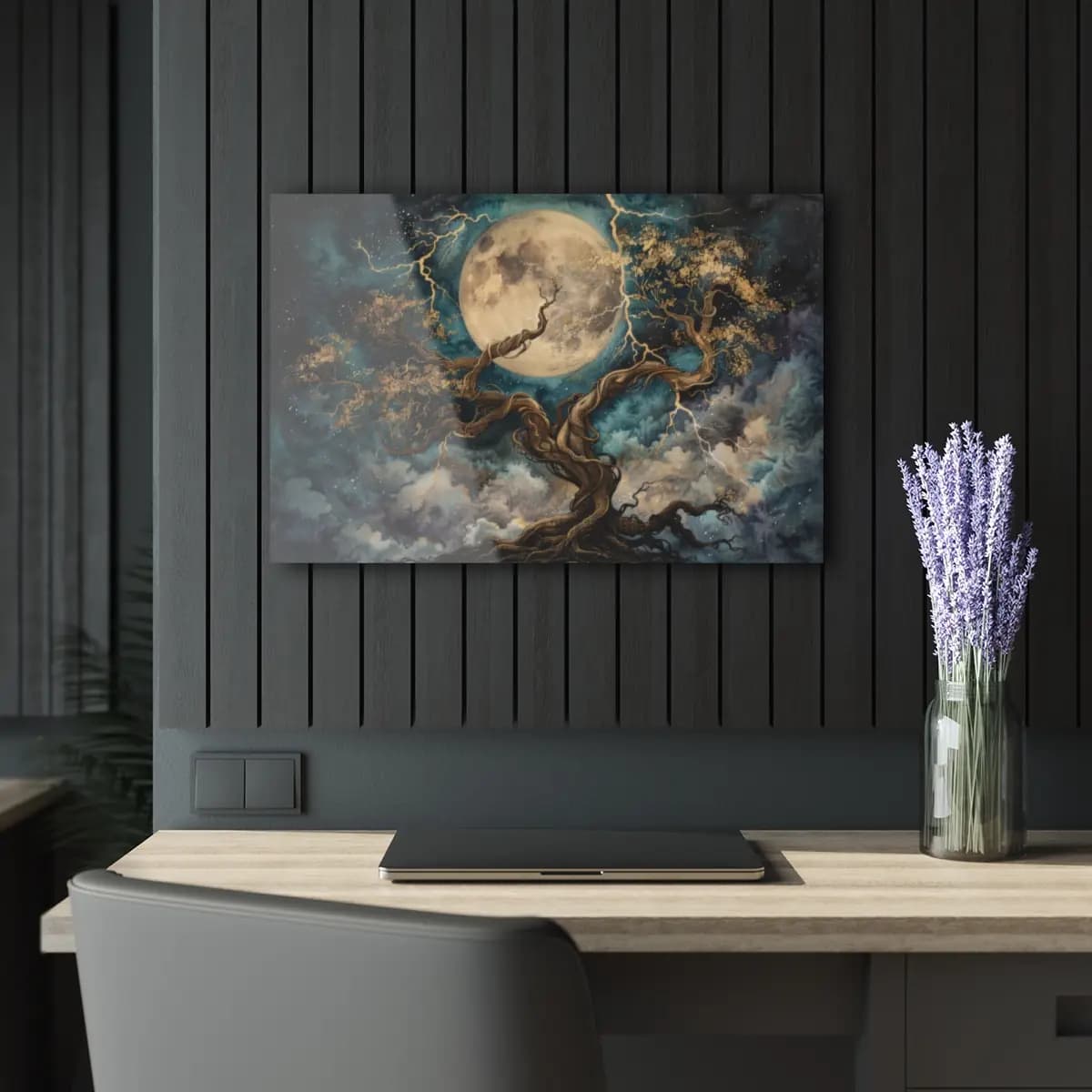 Ancient Twisted Tree Beneath the Golden Full Moon - Acrylic Prints (French Cleat Hanging) mockup angle 5
