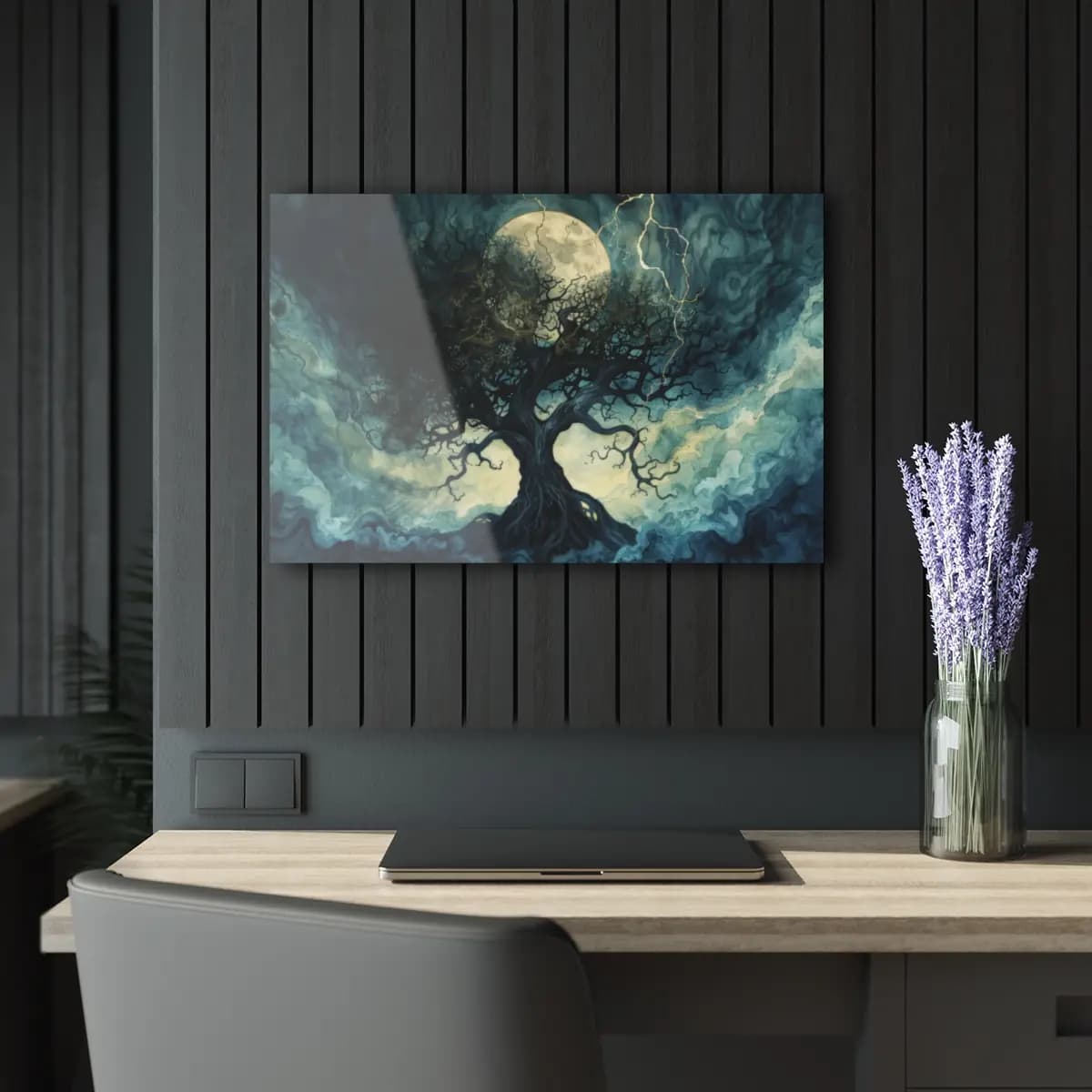 Ancient Tree Beneath the Storm Moon - Acrylic Prints (French Cleat Hanging) mockup angle 5
