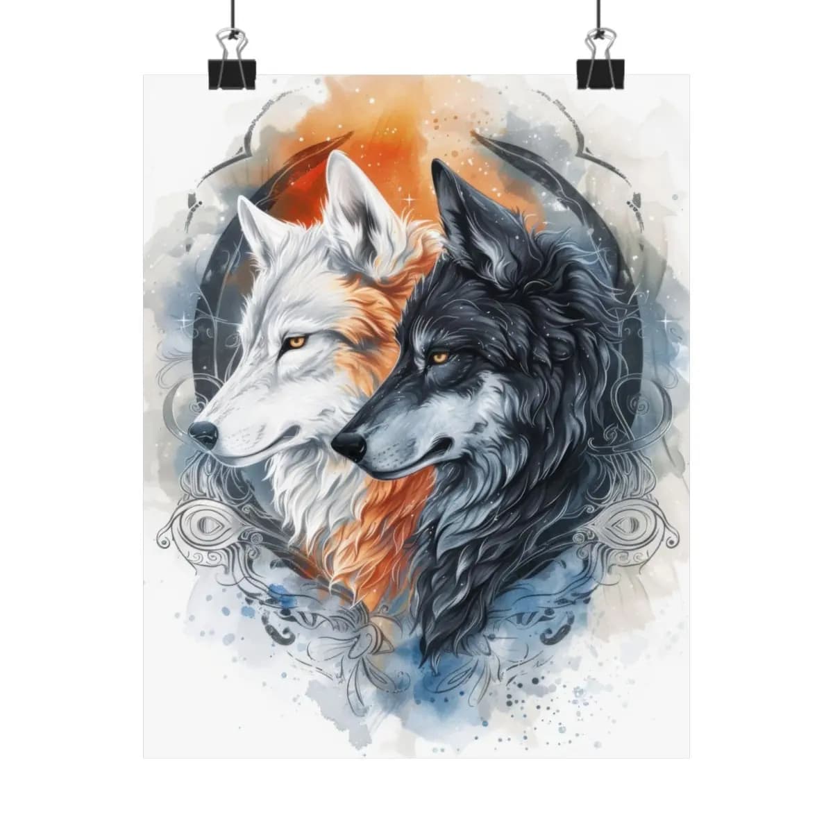 Two Wolves Yin and Yang Fire and Shadow - Matte Vertical Posters mockup angle 1
